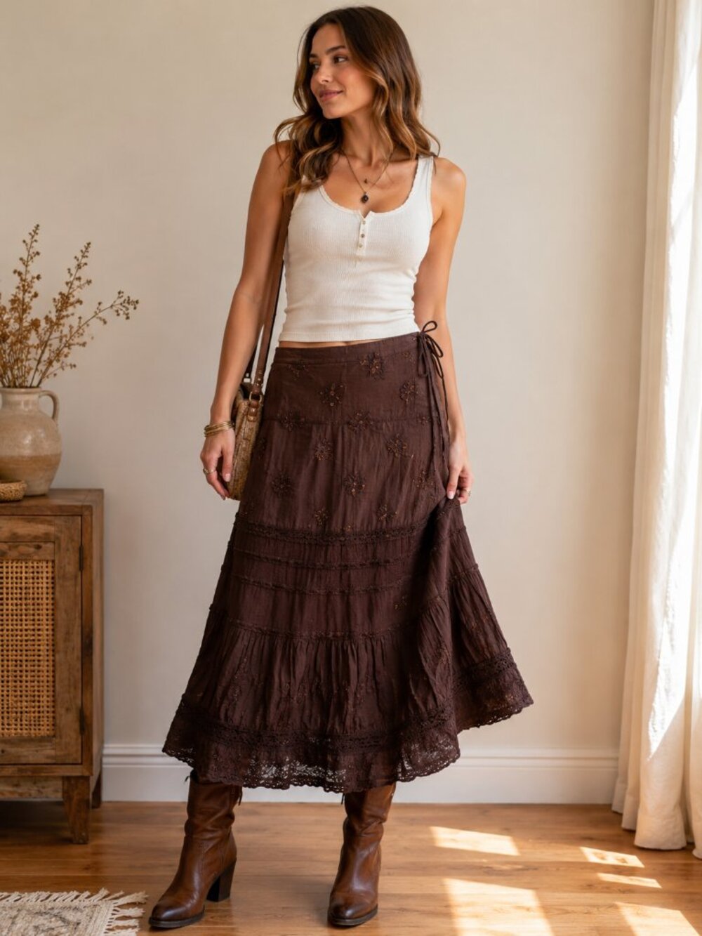 Jessica Sport Brown Boho Midi Skirt Size 10 Embroidered Cottagecore Y2K Tiered L